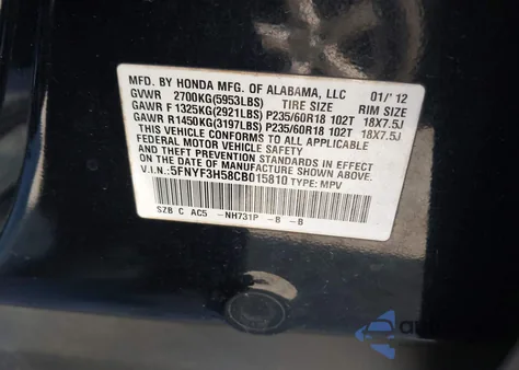 2012 Honda Pilot Ex-L из США, поврежденный, VIN 5FNYF3H58CB015810